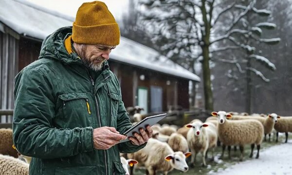 Farmer tending flock in snowy winter farm using tablet technology