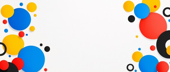 A modern art background featuring circles and spots in vibrant pink, blue, yellow, red, green, and purple on a light beige or white backdrop.