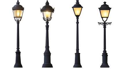 Collection of vintage street lamps, urban lighting, night scene photography