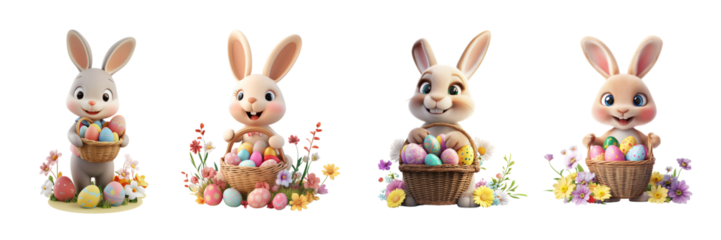 A 3D icon of a cheerful bunny holding a basket filled with colorful Easter eggs, surrounded by flowers, on a transparent background for Easter Celebrations