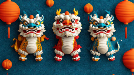 chinese new year 2025 concept. Colorful dragon sculptures with lanterns on blue background
