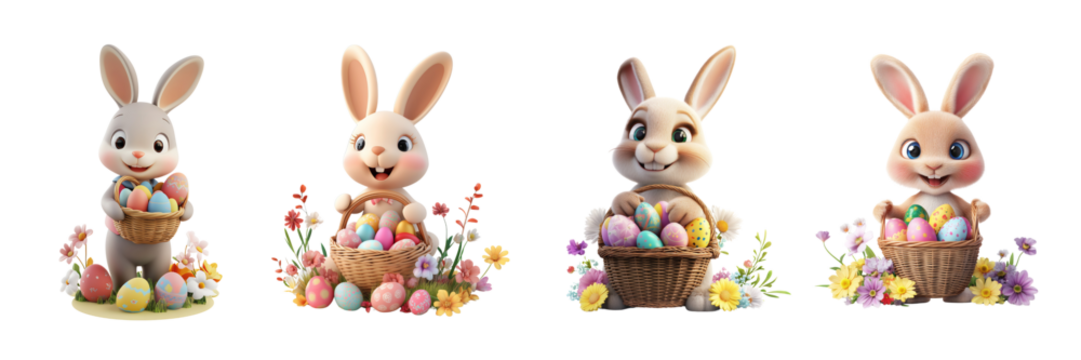 A 3D icon of a cheerful bunny holding a basket filled with colorful Easter eggs, surrounded by flowers, on a transparent background for Easter Celebrations