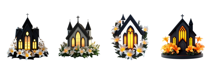 A 3D icon of a church silhouette with glowing windows, surrounded by Easter lilies, on a transparent background for Easter Celebrations