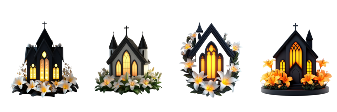 A 3D icon of a church silhouette with glowing windows, surrounded by Easter lilies, on a transparent background for Easter Celebrations - Powered by Adobe