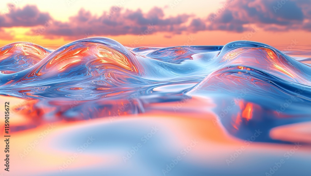 Poster in this 3d render, an abstract natural scenery features flowing transparent glossy glass on the wate