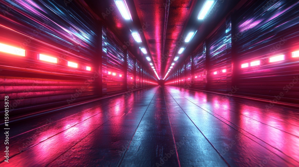 Poster a 3d render featuring an abstract, futuristic neon background illuminated by ascending glowing lines
