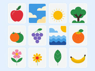 Colorful icons of nature and fruits featuring trees, sun, and flowers