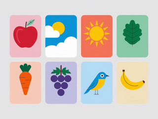 Colorful icon set featuring fruits, vegetables, and nature elements
