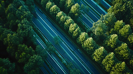 Aerial view of a highway bordered by lush green trees, showcasing a blend of nature and infrastructure.