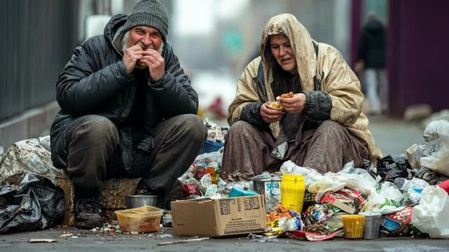 Struggle for Survival: Homeless Couple Eating by a Pile of Rubbish