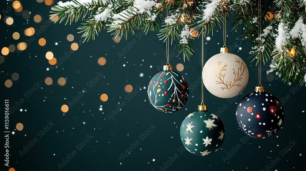 Poster a group of christmas ornaments dangling from a tree with snow on the ground and bokeh lights in the 