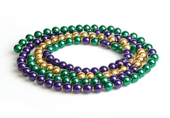 Obraz premium Colorful festive beads in vibrant green, purple, and gold arranged in an elegant coil for celebration and decoration isolated on a white background
