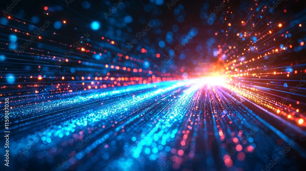 Poster glowing light rays from a blue gradient abstract texture background, creating a futuristic computer-
