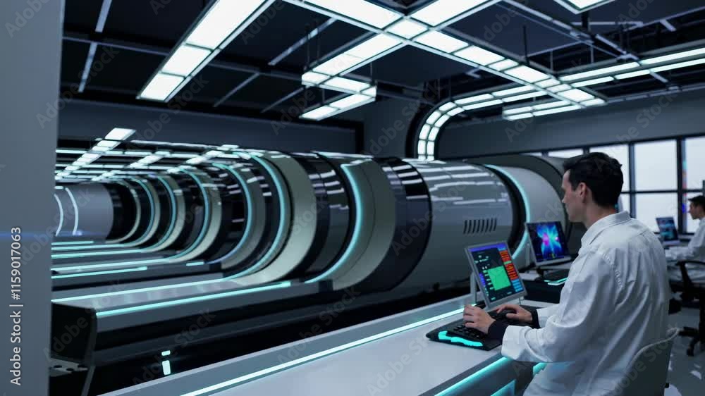 Poster advanced research and development in high-tech laboratory focusing on future transportation systems