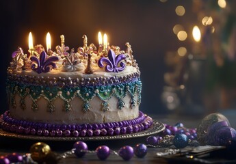 Colorful festive cake with candles and decorative accents, showcasing intricate designs and vibrant hues, perfect for celebrations and parties, such as birthdays and holidays