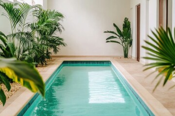 A serene indoor pool surrounded by lush greenery, creating a peaceful and refreshing atmosphere for relaxation and tranquility.