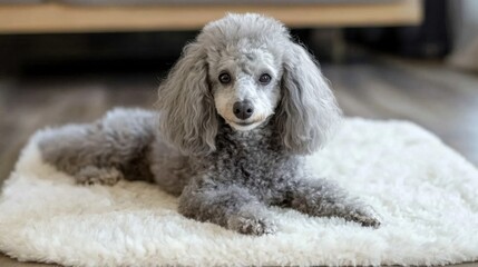 Adorable Grey Poodle Dog Lying on Soft White Rug Indoors
