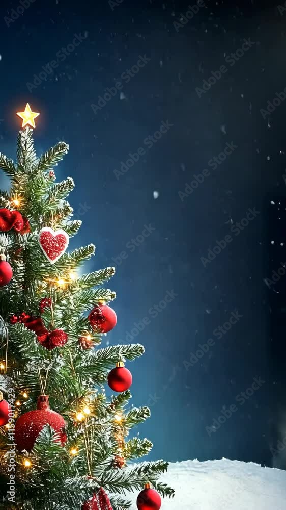 Poster christmas tree adorned with ornaments and lights in a cozy winter setting with snowfall in the backg