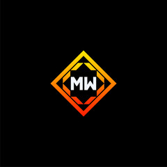 MW initials dynamic geometric logo design features a bold lettering sign in an orange and black color scheme, displayed against a dark background