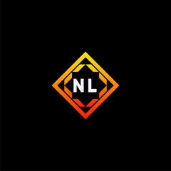 NL initials dynamic geometric logo design features a bold lettering sign in an orange and black color scheme, displayed against a dark background