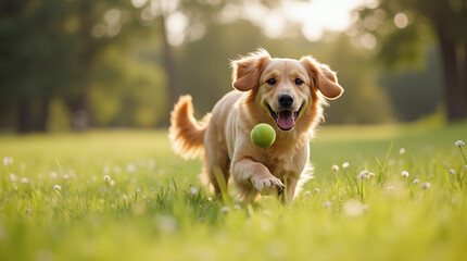Happy Playful Joyful Golden Retriever Dog Running in Green Grass Field to Fetch a Tennis Ball on Sunny Spring or Summer Day, Active Pet