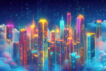 Obraz premium Neon Cityscape Above Clouds Digital Artwork