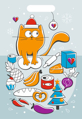 Illustration of a cat character cooking food in a cute cartoon style.