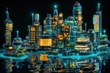 Obraz premium Futuristic Cityscape Illuminated At Night Reflecting On Water