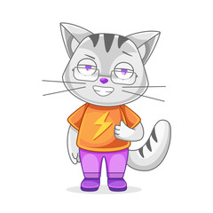 Illustration of a cat character in a t-shirt with lightning in a cute cartoon style.