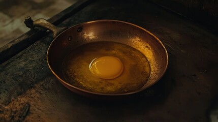 Single egg yolk in antique copper pan.