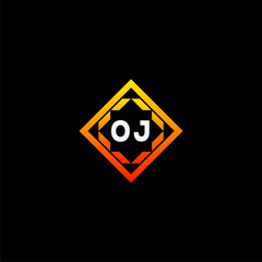 OJ initials dynamic geometric logo design features a bold lettering sign in an orange and black color scheme, displayed against a dark background