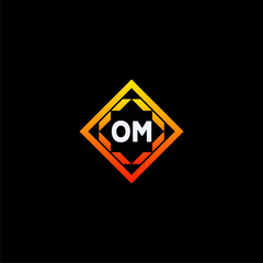 OM initials dynamic geometric logo design features a bold lettering sign in an orange and black color scheme, displayed against a dark background