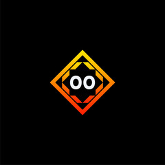 OO initials dynamic geometric logo design features a bold lettering sign in an orange and black color scheme, displayed against a dark background