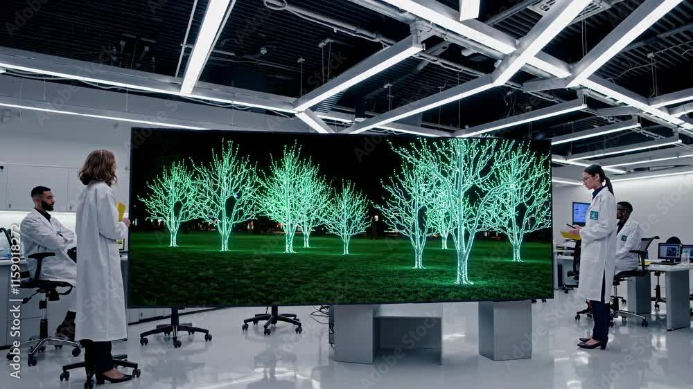 Poster scientists explore innovative technology showcasing illuminated trees in laboratory setting with eng
