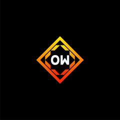 OW initials dynamic geometric logo design features a bold lettering sign in an orange and black color scheme, displayed against a dark background