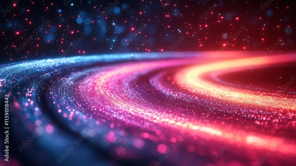 Poster speed lines dominate a dynamic technology background, with an abstract illustration of information f