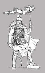 Dacian warrior with the Dracian Wolf. Historical drawing with ancient knight.	