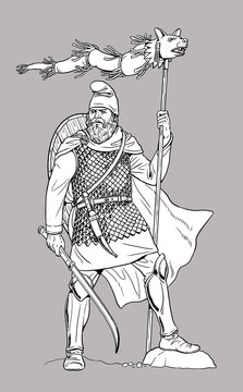 Dacian warrior with the Dracian Wolf. Historical drawing with ancient knight.	