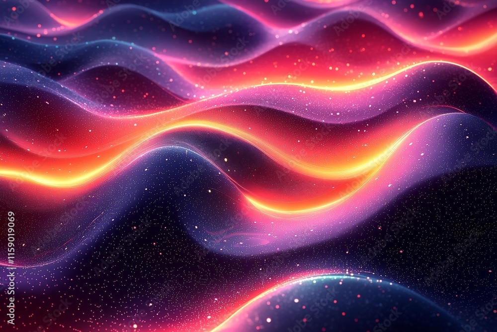 Poster digital background with vibrant abstract patterns of curved neon lines and dots, accompanied by flow