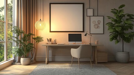Modern home office in neutral tones, with sleek decor 