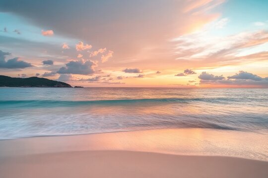 Sunrise to Sunset: A Coastal Beauty with Abstract Sky, Waves, and a Palette of Colors, from Dusk till Dawn, Offering Quiet Scenery for Travel by the Sea in Summer