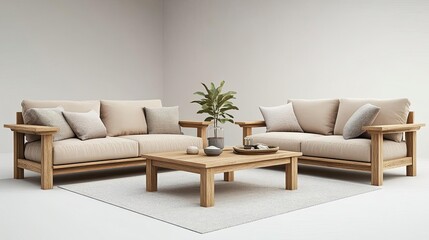 Neutral tone living spaces , home interiors with beige sofas and wooden coffee tables