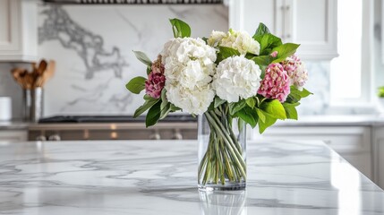 Elegant Floral Arrangement of White and Pink Hydrangeas in Kitchen