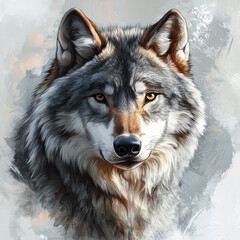 Fototapeta premium A realistic wolf portrait with an intense gaze, illustrated in an artistic style with detailed fur texture