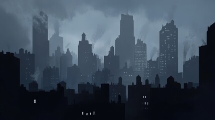 Dark Cityscape at Twilight with Silhouetted Skyscrapers and Fog