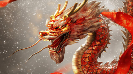 chinese new year 2025 concept. Vibrant dragon with glowing ribbons, showcasing intricate details and power