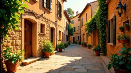 Fototapeta premium Sun-drenched stone alleyway with charming residences, vibrant foliage, and terracotta planters creating a picturesque European streetscape.
