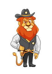 Illustration of a lion sheriff character in a cute cartoon style.