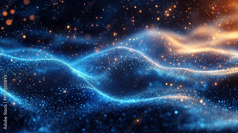 Poster big data visualization with a digital background, showcasing analytics in a wave of particles using 