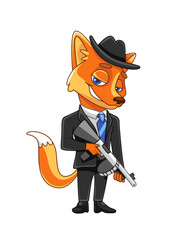Illustration of a fox gangster character with a machine gun in his hands in a cute cartoon style.